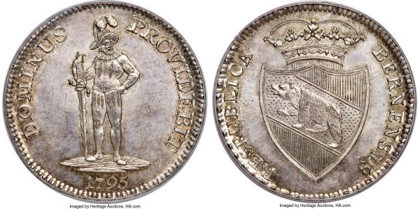 Lot 30638 > Bern. City Taler 1795 MS64+ PCGS, KM149, Dav-1759. A light silver patina enhances the presentation of this popular taler type revealing underlying luster throughout, the central expanses framed by legends dressed in subtly darkened tones. 