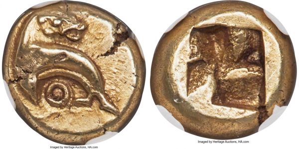 Lot 30064 > IONIA. Phocaea. Ca. 625-522 BC. EL sixth-stater or hecte (10mm, 2.59 gm). NGC AU 4/5 - 3/5. Seal swimming left, head reverted; annulet below / Rough quadripartite incuse mill-sail square punch. Bodenstedt 1.4. Extremely rare - only one example cited in Bodenstadt and only one example in sales archives. Cf. Numismatica Ars Classica, Auction 25 (25 June 2003), lot 181.