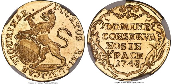 Lot 30640 > Zurich. Canton gold Ducat 1745 MS66 NGC, KM140, Fr-486a, HMZ-2-1161cc. A deluxe gem offering a simultaneous display of near-pristine fields, lightly speckled by just a hint of die rust, and razor sharp devices contrasting slightly against the surfaces surrounding. Nearly unimprovable, and essentially irreproachable for a coin of its age and type.  From the Caranett Collection