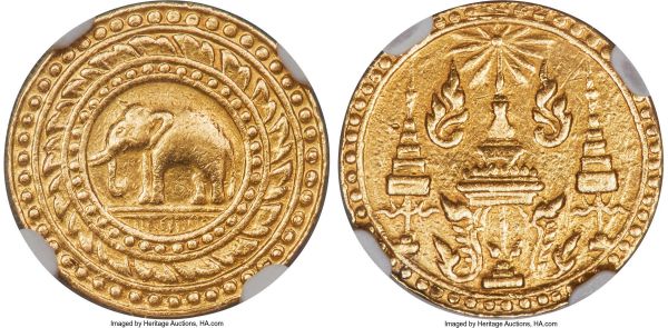 Lot 30647 > Rama IV gold 4 Baht ND (1863) XF Details (Removed From Jewelry) NGC, Bangkok mint, KM-Y14, Fr-16. An elusive issue bearing evidence of cleaning and mountmarks in line with it having been placed in jewelry; pleasing nonetheless as an example of the type.