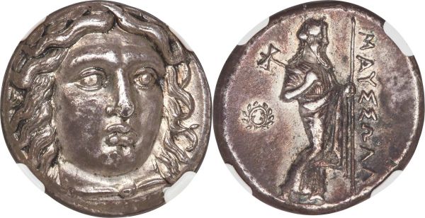 Lot 30065 > CARIAN SATRAPS. Maussollus (ca. 377-353 BC). AR tetradrachm (23mm, 15.14 gm, 12h). NGC Choice XF 5/5 - 4/5, Fine Style. Halicarnassus, after 367 BC. Laureate bust of Apollo facing, turned slightly right, hair parted in center and swept to either side, cloak fastened around neck / ΜΑΥΣΣΩΛΛΟ, Zeus standing right, bipennis in right hand over shoulder, scepter in left; wreath in left field. SNG von Aulock -, cf. 2358-2360 (letters in field). Gulbenkian 782.