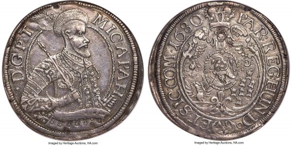 Lot 30650 > Michael Apafi Taler 1680-AI AU Details (Mount Removed) NGC, KM474A, Dav-4818, Resch-237. A lovely example of the type offering well-balanced eye appeal despite signs of prior mounting, a couple of minor edge irregularities noted solely for completeness. The fields retain glints of argent mint luster, with a steel-hued tone gracing the surfaces throughout. 