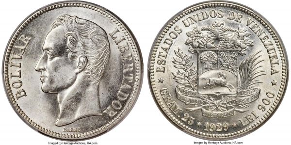 Lot 30660 > Republic 5 Bolivares 1929-(p) MS62 PCGS, Philadelphia mint, KM-Y24.2. Glowing argent luster illuminates the surfaces of this borderline choice selection, exhibiting only light instances of handling to establish the assigned grade. 