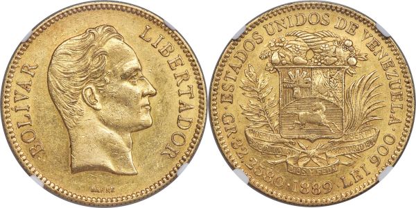 Lot 30662 > Republic gold 100 Bolivares 1889 AU58 NGC, Caracas mint, KM-Y34, Fr-2. A near-Mint State representative of this popular type featuring the bust of Simon Bolivar. AGW 0.9334 oz. 