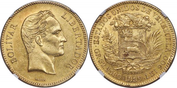 Lot 30664 > Republic gold 100 Bolivares 1889 AU Details (Reverse Rim Damage) NGC, Caracas mint, KM-Y34, Fr-2. A small bump in the 6 o'clock area of the reverse accounts for the grade. AGW 0.9334 oz.