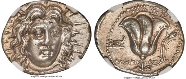 Lot 30068 > CARIAN ISLANDS. Rhodes. Ca. 230-205 BC. AR tetradrachm (28mm, 13.52 gm, 12h). NGC AU 4/5 - 3/5, Fine Style, flan flaw. Ca. mid-late 220s BC, Ameinias, magistrate. Radiate head of Helios facing, turned slightly right, hair parted in middle and swept to either side / ΡΟΔΙΟΝ, rose with single bud on tendril to right; AMHEIN-IAΣ across field, galley prow in left field. HGC 6, 1432. Ashton 212. Note - the magistrate's name is actually misspelled on this die. There should not be an H.