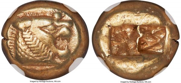 Lot 30069 > LYDIAN KINGDOM. Alyattes or Walwet (ca. 610-546 BC). EL third-stater or trite (13mm, 4.69 gm). NGC XF 5/5 - 3/5, light scratches. Uninscribed, Lydo-Milesian standard. Sardes mint. Head of lion right, mouth open, mane bristling, radiate globule above eye / Two square punches of different size, side by side, with irregular interior surfaces. Linzalone 1090. Weidauer 86. Boston 1764. SNG von Aulock 2868. SNG Kayhan 1013.