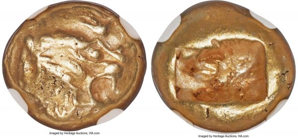 Lot 30070 > LYDIAN KINGDOM. Alyattes or Walwet (ca. 610-546 BC). EL third-stater or trite (13mm, 4.69 gm). NGC Choice VF 4/5 - 4/5. Uninscribed, Lydo-Milesian standard. Sardes mint. Head of lion right, mouth open, mane bristling, radiate globule above eye / Two square punches of different size, side by side, with irregular interior surfaces. Linzalone 1090. Weidauer 86. Boston 1764. SNG von Aulock 2868. SNG Kayhan 1013.