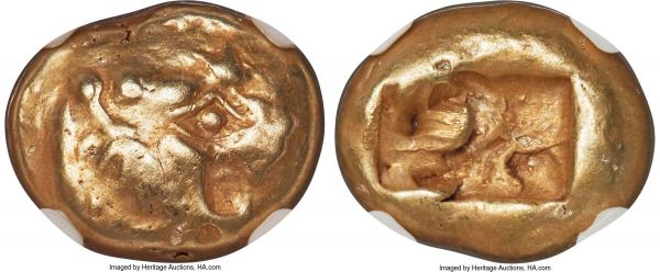 Lot 30071 > LYDIAN KINGDOM. Alyattes or Walwet (ca. 610-546 BC). EL third-stater or trite (13mm, 4.64 gm). NGC VF 4/5 - 4/5. Uninscribed, Lydo-Milesian standard. Sardes mint. Head of lion right, mouth open, mane bristling, radiate globule above eye / Two square punches of different size, side by side, with irregular interior surfaces. Linzalone 1090. Weidauer 86. Boston 1764. SNG von Aulock 2868. SNG Kayhan 1013.