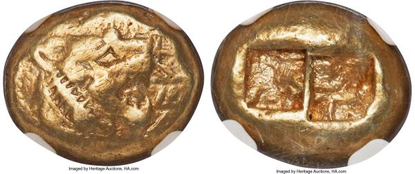 Lot 30072 > LYDIAN KINGDOM. Walwet (before ca. 560 BC). EL third-stater or trite (13mm, 4.67 gm). NGC VF 5/5 - 3/5. Lydo-Milesian standard. Sardes(?) mint. Confronting lion's heads, only the left (facing right) visible; WALWET (Lydian script) between / Two incuse square punches of unequal size, side by side, with irregular interior surfaces. Weidauer Group XVII, 95. SNG von Aulock 8204.  Known examples of electrum coins inscribed in the name of the Lydian king Alyattes (rendered WALWET in the ancient Lydian script) were in the single digits until recently, when several examples appeared on the market. They remain extremely rare and are certainly among the first coins in history to carry an inscription along with a 