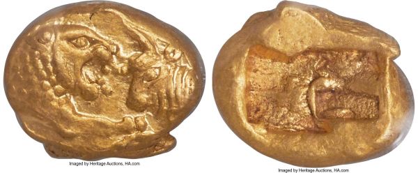 Lot 30073 > LYDIAN KINGDOM. Croesus (561-546 BC). AV third-stater or trite (11mm, 2.67 gm). NGC MS 5/5 - 4/5, light scuff. Sardes, 'light' standard, ca. 553-539 BC. Confronted foreparts of lion right and bull left, both with outstretched foreleg / Rectangular bipartite incuse punch with irregular interior surfaces. Berk 9.6. SNG von Aulock 8212.