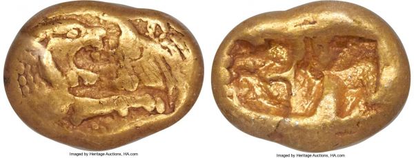 Lot 30074 > LYDIAN KINGDOM. Croesus (561-546 BC). AV third-stater or trite (11mm, 2.67 gm). NGC VF 5/5 - 3/5. Sardes, 'light' standard, ca. 553-539 BC. Confronted foreparts of lion right and bull left, both with outstretched foreleg / Rectangular incuse punch, with irregular interior design. Berk 9.6. SNG von Aulock 8212.