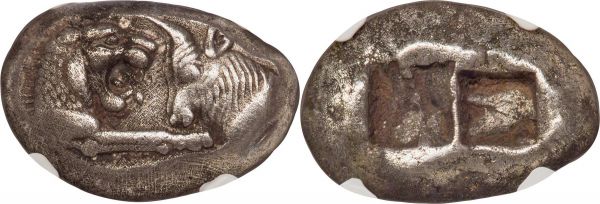 Lot 30075 > LYDIAN KINGDOM. Croesus (561-546 BC). AR stater or double siglos (21mm, 10.52 gm). NGC Choice XF 5/5 - 2/5.  Sardes. Confronted foreparts of lion right and bull left, both with outstretched foreleg / Two square punches of different size, side by side, with irregular interior surfaces. SNG Kayhan 1018. BMFA 2070. Berk, 100 Greatest Ancient Coins, 9.19. Well centered and struck on an attractively toned broad oval flan.