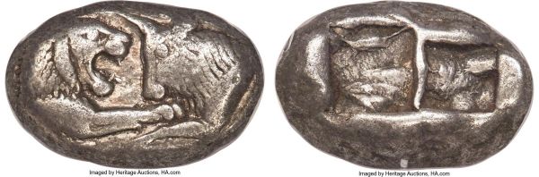 Lot 30077 > LYDIAN KINGDOM. Croesus (561-546 BC). AR stater or double siglos (20mm, 10.65 gm). NGC VF 5/5 - 4/5. Sardes. Confronted foreparts of lion right and bull left, both with outstretched foreleg / Two square punches of different size, side by side, irregular interior surfaces. SNG von Aulock 2873-4. Traité I 407-8. Berk, 100 Greatest Ancient Coins, 9.19.