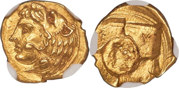 Lot 30008 > SICILY. Syracuse. Dionysius I (405-367 BC). AV 20-litrai or trihemiobol (11mm, 1.16 gm, 2h). NGC Choice AU 4/5 - 4/5. Attic standard, ca. 406/5 BC. ΣYP, head of Heracles left, wearing lion skin headdress / Σ-Y-P-A, quadripartite incuse square, small head of Arethusa in central incuse circle; all within incuse circle with double border. SNG ANS 351-4. HGC 2, 1289.
