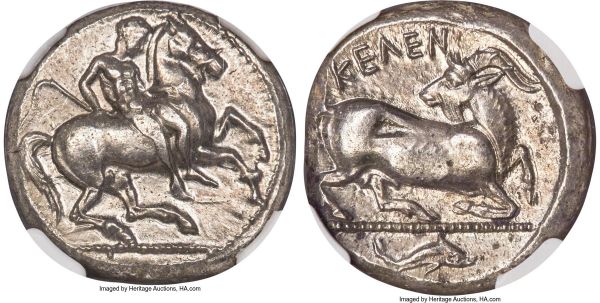 Lot 30080 > CILICIA. Celenderis. Ca. 425-350 BC. AR stater (20mm, 10.69 gm, 9h). NGC Choice AU 4/5 - 4/5. Ca. 425-400 BC. Youthful nude male rider, reins in left hand, kentron in right, dismounting from horse prancing to right / KEΛEN, goat with long whiskers kneeling right, head left; dolphin right in exergue, all in incuse circle. SNG France 2 -. SNG Levante 23 = SNG von Aulock 5631 = Kraay, 