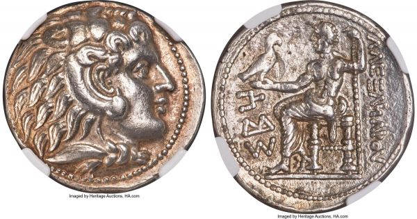 Lot 30086 > ARABIAN PENINSULA. Uncertain mint. Ca. late 3rd century BC. AR tetradrachm (28mm, 16.92 gm, 2h). NGC Choice XF S 5/5 - 4/5, flan flaw. Late posthumous issue of Gerrha/Icarus, ca. 250 BC. Head of Heracles right, wearing lion skin headdress, paws tied before neck / ΛΛEΞΛNΔPOV (N retrograde), Shams seated left on backless throne, right leg drawn back, feet on ground line, eagle in right hand, scepter in left; ΣΒΥ (Shams, Musnad/Southern Arabian) in left field. Price -, cf. 3957 (Σ (shin in Arabic, oriented horizontally) in left field). Huth 106a. Arnold-Biucchi, Arabian, pl. 18, 3. HGC 10, 697.  Note from Price, p.495 