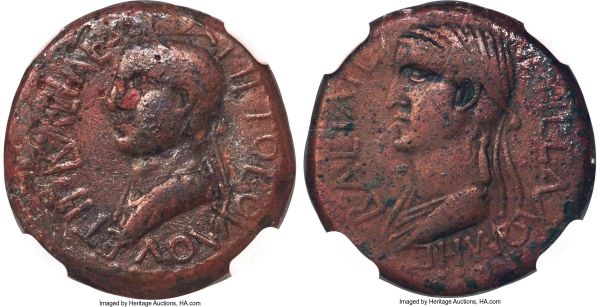 Lot 30092 > ARMENIAN KINGDOM. Kings of Armenia Minor. Aristobulus, with Salome. AD 54-92. AE (20mm, 6.78 gm, 12h). NGC VF 4/5 - 3/5, glue residue. Dated Regnal Year 13 (AD 66/7). BACIΛEΩC APICTOBOYΛOY ET IΓ•, diademed, draped bust of Aristobulus left / BACIΛIC-CHC CAΛOMHC, diademed, draped bust of Salome left. Meshorer 365 var. (date). Hendin 1257a. RPC I 3840 var. (date). cf. CNG Triton XIX (5 January 2016), lot 277 (realized $160,000). D. Flusser, 