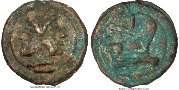 Lot 30094 > Anonymous. Ca. 225-217 BC. AE aes grave as (67mm, 283.51 gm, 12h). Choice VF. Reduced Libral standard. Laureate, bearded head Janus on raised disk; horizontal I (mark of value) below / Prow of war galley right on raised disk; vertical I (mark of value) above. Vecchi 74. Thurlow-Vecchi 51. Crawford 35/1. HN Italy 337.