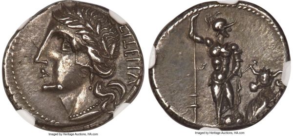 Lot 30095 > Social War. Marsic Confederation (91-88 BC). AR denarius (18mm, 3.79 gm, 7h). NGC Choice AU 4/5 - 5/5. Bovianum (?) mint, 89 BC. VITELIU (Oscan), laureate head of Italia left, wearing necklace and earring; dotted border / Soldier, nude to waist, standing facing, helmeted head right, left foot on Roman standard, inverted spear in right hand, parazonium in left; recumbent bull facing at right, I in exergue, dotted border. HN Italy 407. Campana 9b/120-6, 130-47.