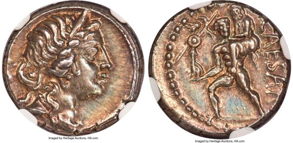Lot 30098 > Julius Caesar, as Dictator (49-44 BC). AR denarius (17mm, 3.92 gm, 5h). NGC Choice AU S 4/5 - 5/5. Military mint moving with Caesar in North Africa, 48-46 BC. Diademed head of Venus right / CAESAR, Aeneas advancing left, palladium in right hand, carrying Anchises on his left shoulder. Crawford 458/1. CRI 55. Sydenham 1013.