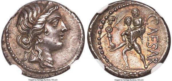 Lot 30099 > Julius Caesar, as Dictator (49-44 BC). AR denarius (18mm, 3.83 gm, 6h). NGC AU S 5/5 - 5/5. Military mint moving with Caesar in North Africa, 48-46 BC. Diademed head of Venus right / CAESAR, Aeneas advancing left, palladium in right hand, carrying Anchises on his left shoulder. Crawford 458/1. CRI 55. Sydenham 1013.