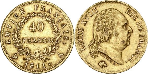 France 40 Francs Louis XVIII 1818 W Lille Or Gold AU -> Offer