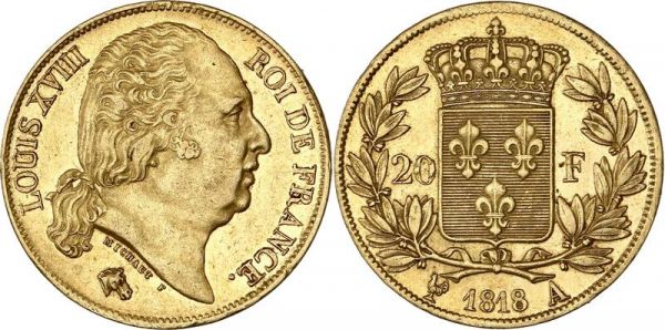 France 20 Francs Louis XVIII 1818 A Paris Or Gold UNC -> Offer