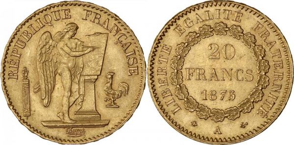 France 20 Francs Genie 1875 A Paris Or Gold AU -> Make Offer