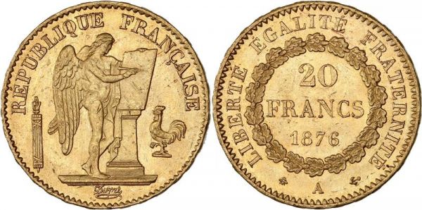 France 20 Francs Genie 1876 A Paris Or Gold UNC -> Make Offer