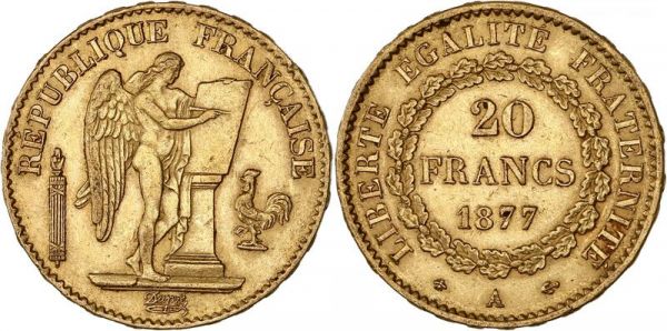 France 20 Francs Genie 1877 A Paris Or Gold AU -> Make Offer