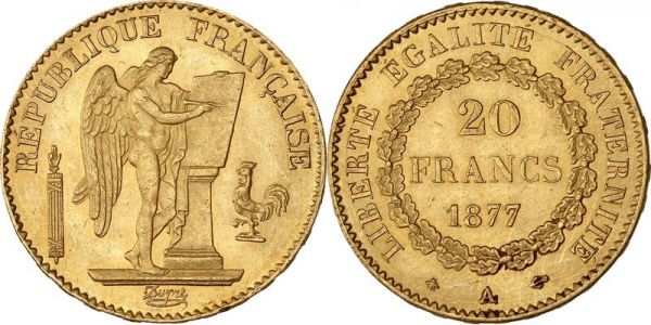 France 20 Francs Genie 1877 A Paris Or Gold UNC -> Make Offer