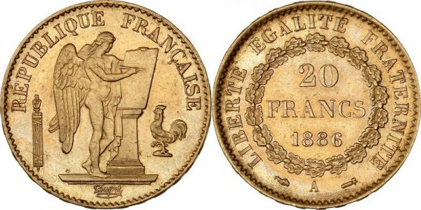 France 20 Francs Genie 1886 A Paris Or Gold UNC -> Make Offer