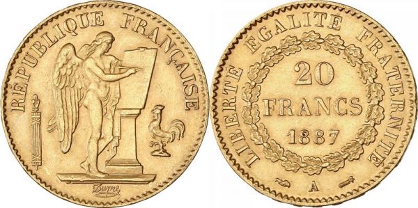 France 20 Francs Genie 1887 A Paris Or Gold UNC -> Make Offer