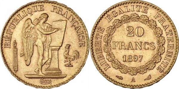 France 20 Francs Genie 1897 A Paris Or Gold AU -> Make Offer