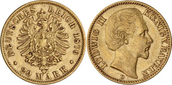 Germany Bavaria 20 Mark Ludwig II 1876 D Or Gold