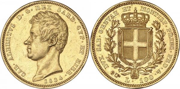 Italy Sardeigna 100 Lire Carlo Alberto 1834 P Or Gold AU > Offer