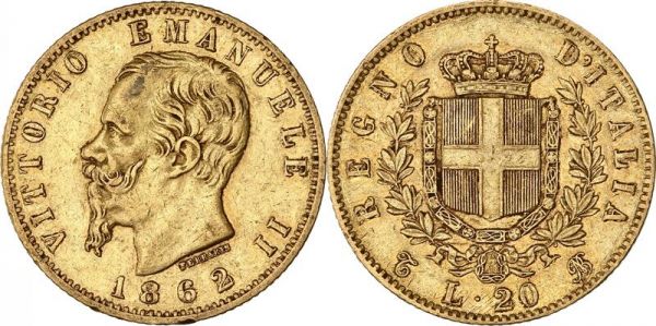 Italy 20 Lire Vittorio Emanuele II 1862 T Turin Or Gold AU
