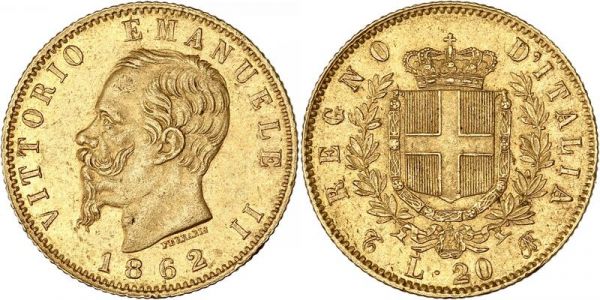 Italy 20 Lire Vittorio Emanuele II 1862 T Turin Or Gold AU