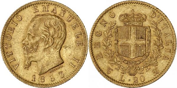 Italy 20 Lire Vittorio Emanuele II 1863 T Turin Or Gold AU