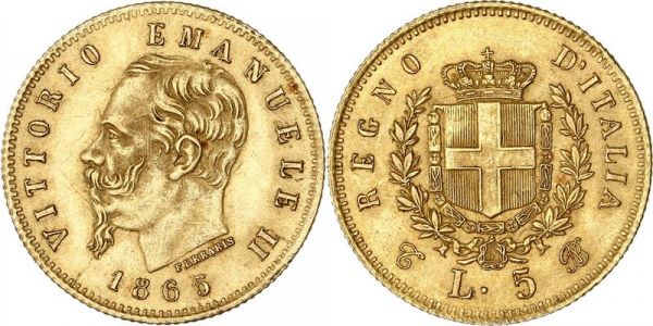 Italy 5 Lire Vittorio Emanuele II 1865 T Turino Or Gold UNC