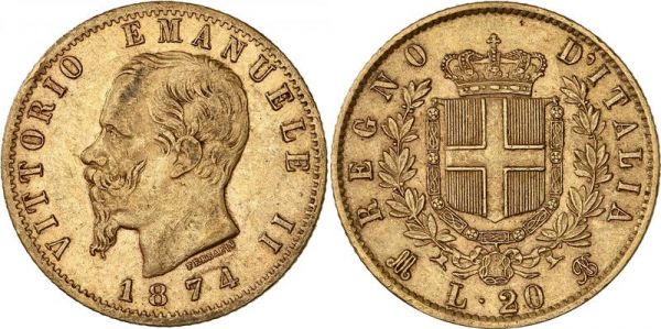 Italy 20 Lire Vittorio Emanuele II 1874 M Milan Or Gold AU