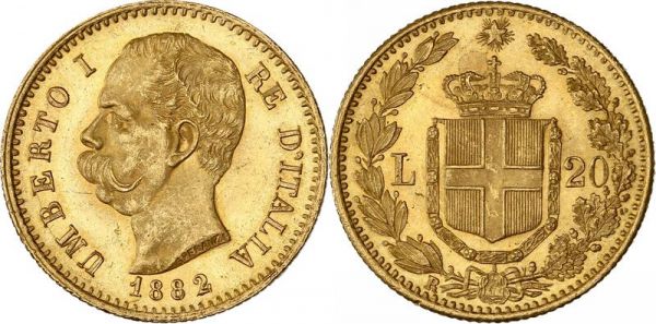 Italy 20 Lire Umberto I 1882 R Roma Or Gold AU -> Make Offer