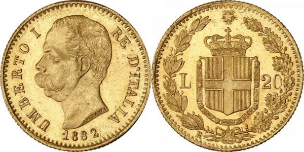 Italy 20 Lire Umberto I 1882 R Roma Or Gold UNC -> Make Offer