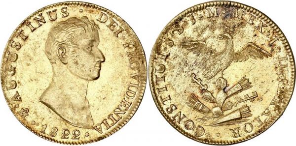 Mexico 8 Escudos Augustin I Iturbide 1822-Mo JM Or Gold AU