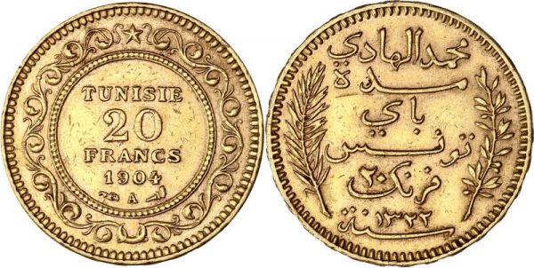Tunisia 20 Francs Muhammad al Hadi 1904 A Paris Or Gold AU