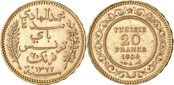 Tunisia 20 Francs Muhammad al-Hadi 1904 A Paris Or Gold AU
