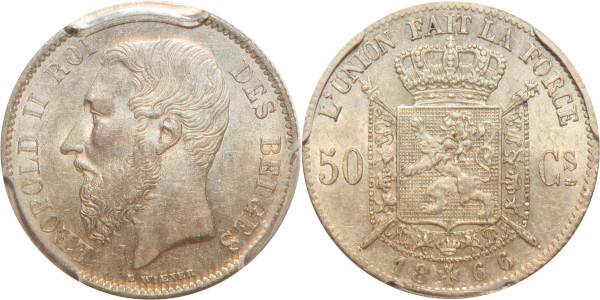 Belgium 50 Centimes Leopold II 1866 PCGS AU58 