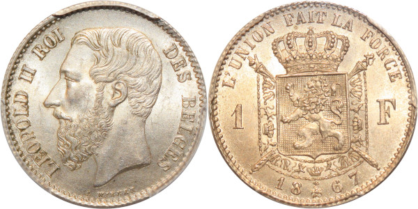 Belgium 1 Franc 1867 Leopold II Silver PCGS MS64