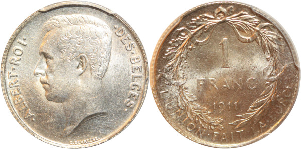 Belgium 1 Franc 1911 Roi des Belges Silver PCGS MS63